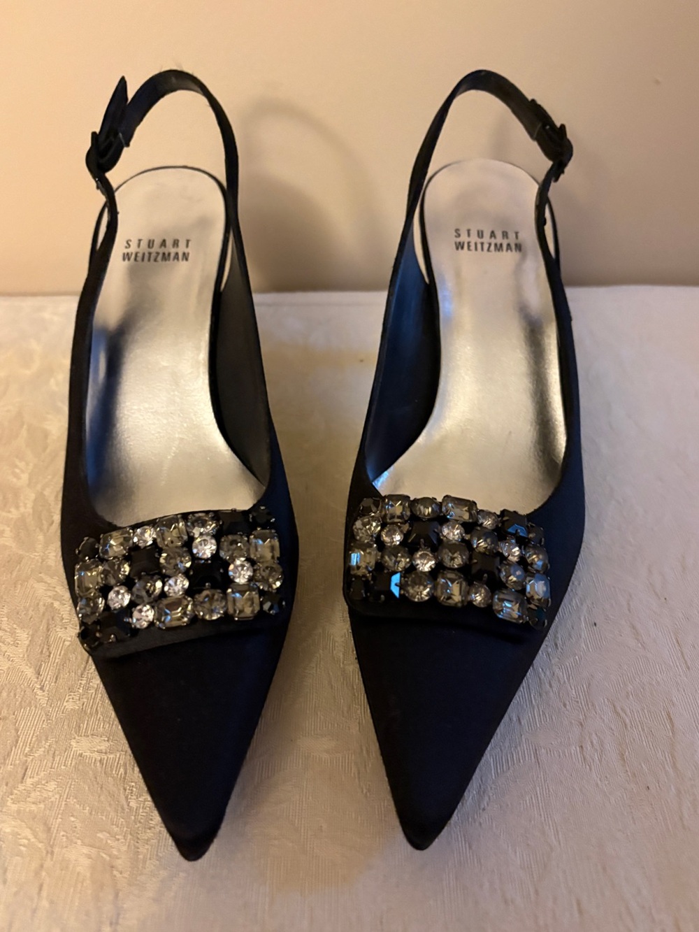 Stuart Weitzman Black Embellished Slingback Pumps